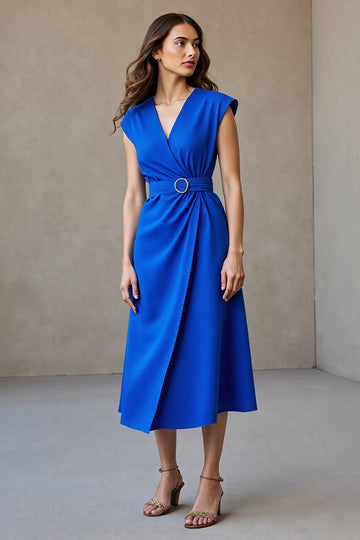 Royal Blue V-Neck Cap Sleeves A Line Maxi Work Dress with Belt